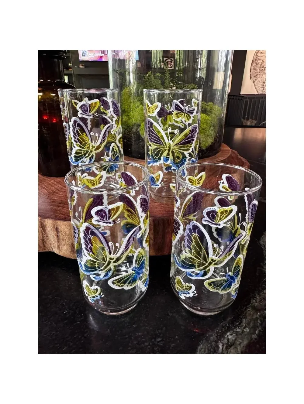Vintage Libbey Butterfly Tumbler Glasses Set of 4, 1970s Stained Glass Look